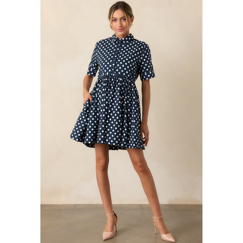 NWT Prosperina Piper Navy Polka Dot Cotton Mini Dress (MSRP: $148) Size Medium